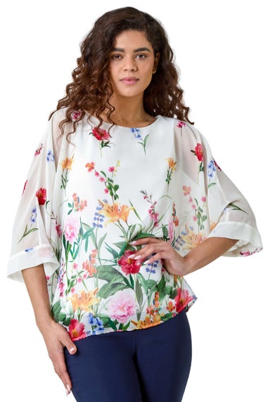 Roman Ivory Floral Border Print Overlay Top