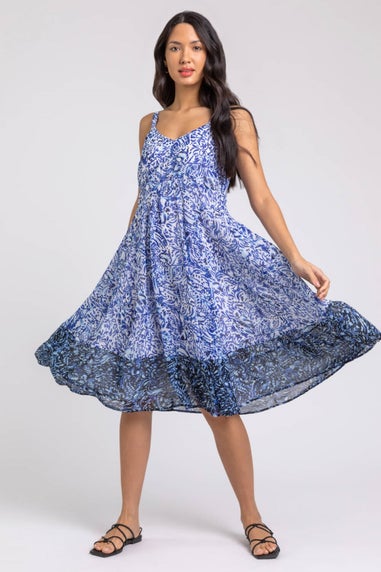 Roman Blue Abstract Border Print Fit & Flare Dress