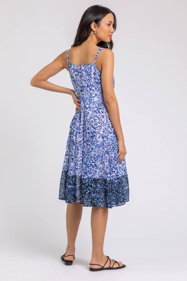 Roman Blue Abstract Border Print Fit & Flare Dress