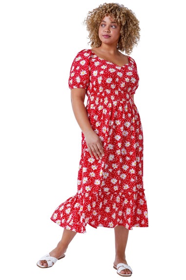 Roman Red Floral Print Midi Dress