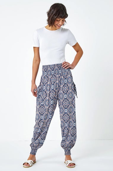 Roman Navy Paisley Shirred Elastic Waist Hareem Trousers