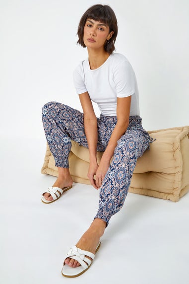 Roman Navy Paisley Shirred Elastic Waist Hareem Trousers