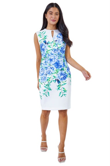 Roman Petite Blue Petite Floral Stretch Ruched Shift Dress