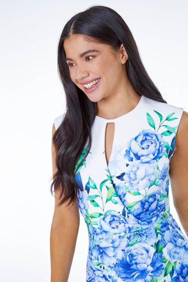 Roman Blue Petite Floral Stretch Ruched Shift Dress