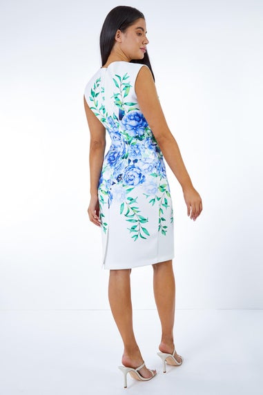 Roman Blue Petite Floral Stretch Ruched Shift Dress