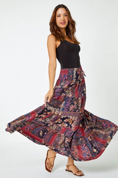 Roman Red Boho Floral Shirred Waist Maxi Skirt