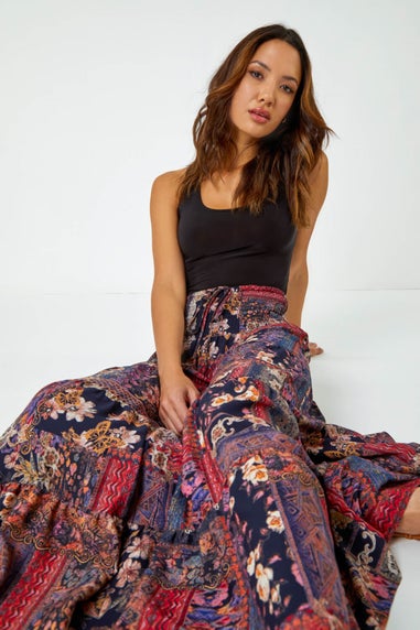 Roman Red Boho Floral Shirred Waist Maxi Skirt