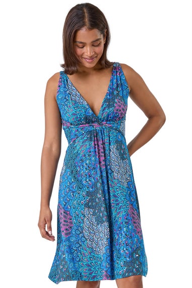 Roman Blue Abstract Floral Stretch Jersey Dress