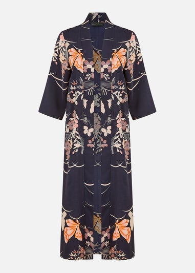 Yumi Navy Butterfly Print Long Kimono