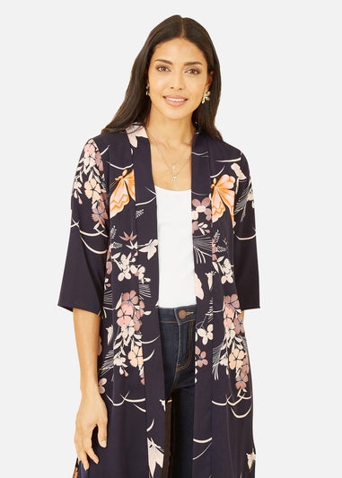 Yumi Navy Butterfly Print Long Kimono