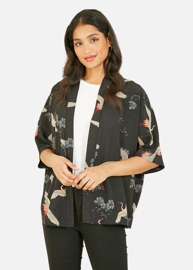 Yumi Black Crane Print Kimono