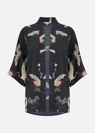 Yumi Black Crane Print Kimono