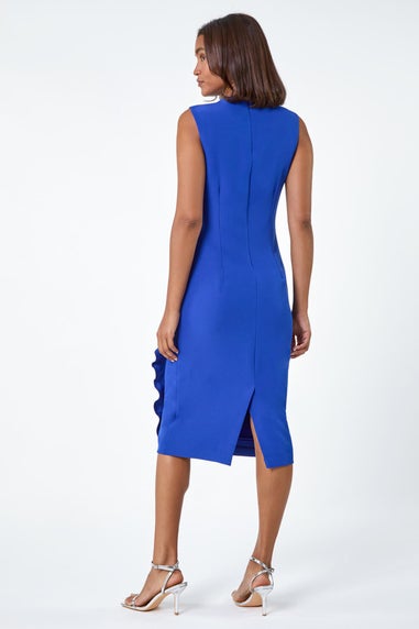 Roman Royal Blue Wrap Draped Crepe Stretch Bodycon Dress