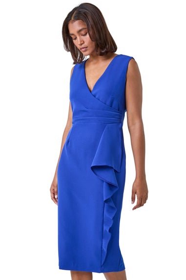 Roman Royal Blue Wrap Draped Crepe Stretch Bodycon Dress - Matalan