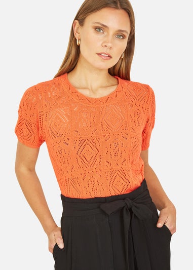 Yumi Orange Cotton Crochet Knitted Top