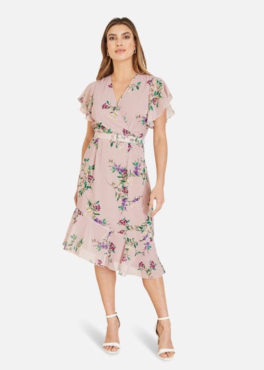 Yumi Blush Wrap Over Midi Dress With Frill Details And Matching Belt