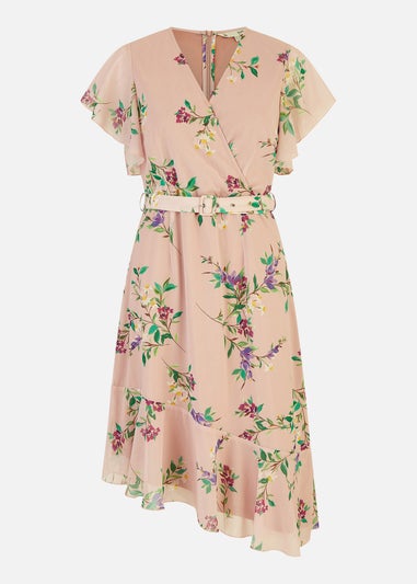 Yumi Blush Wrap Over Midi Dress With Frill Details And Matching Belt