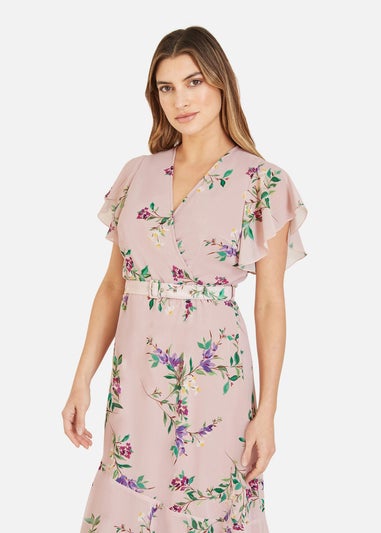 Yumi Blush Wrap Over Midi Dress With Frill Details And Matching Belt