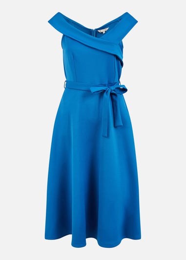 Yumi Blue Bardot Stretch Midi Skater Dress