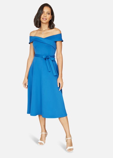 Yumi Blue Bardot Stretch Midi Skater Dress