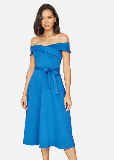 Yumi Blue Bardot Stretch Midi Skater Dress