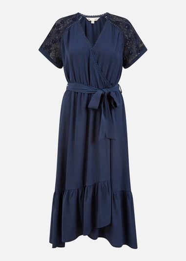 Yumi Navy Lace Sleeve Midi Wrap Over Dress