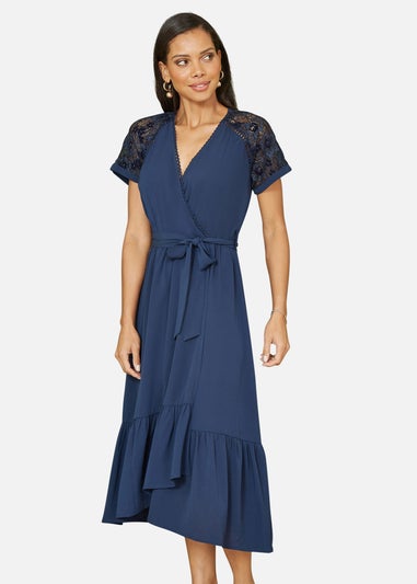 Yumi Navy Lace Sleeve Midi Wrap Over Dress