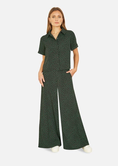 Yumi Black Ditsy Floral Print Relaxed Wide Leg Trousers