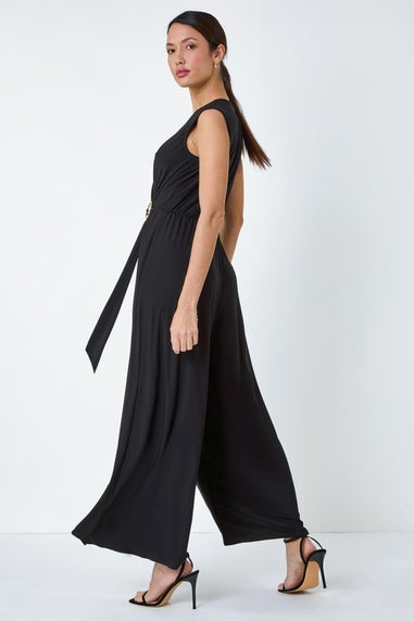 Roman Black Metallic Belt Draped Stretch Jumpsuit