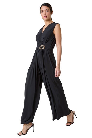 Roman Black Metallic Belt Draped Stretch Jumpsuit