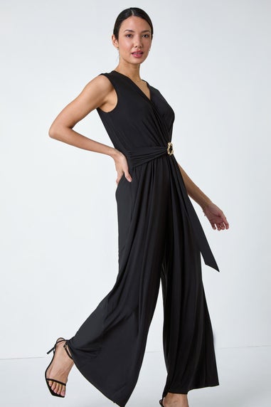 Roman Black Metallic Belt Draped Stretch Jumpsuit