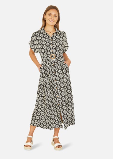 Yumi Black Viscose Midi Shirt Dress With Matching Belt