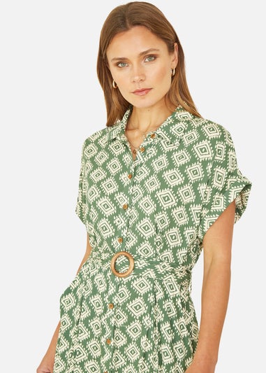 Yumi Green Viscose Midi Shirt Dress With Matching Belt