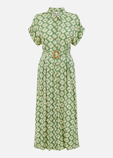 Yumi Green Viscose Midi Shirt Dress With Matching Belt