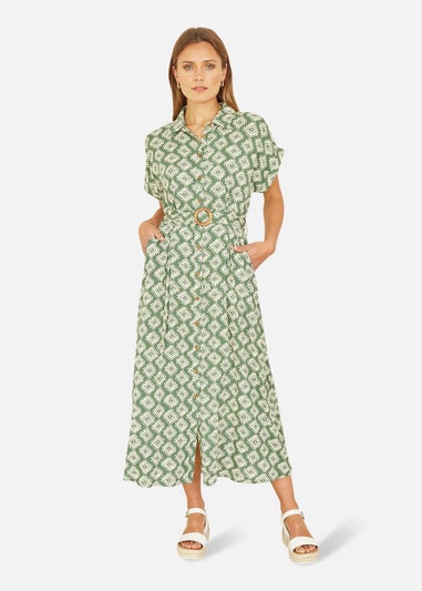 Yumi Green Viscose Midi Shirt Dress With Matching Belt