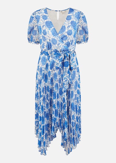 Yumi Blue Floral Pleated Midi Dress With Puff Sleeves