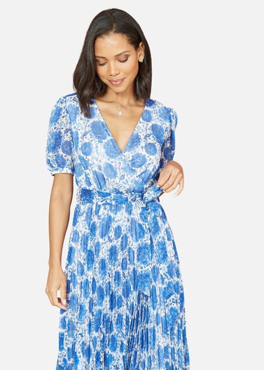 Yumi Blue Floral Pleated Midi Dress With Puff Sleeves