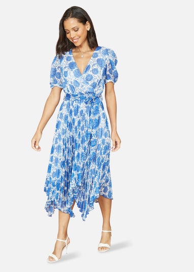 Yumi Blue Floral Pleated Midi Dress With Puff Sleeves