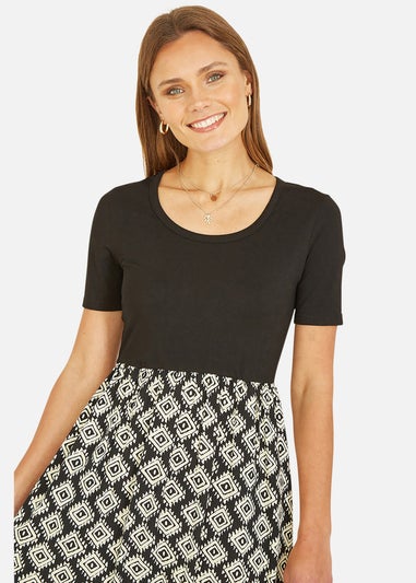 Yumi Black Jersey Stretch Top And Geo Skirt Midi Dress