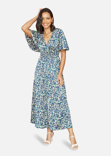 Yumi Blue Satin Ditsy Print Wrap Maxi Dress