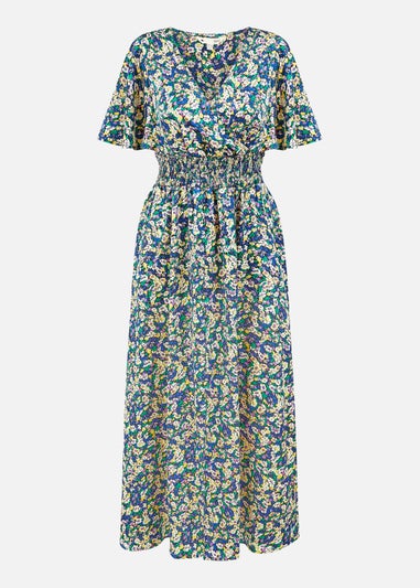 Yumi Blue Satin Ditsy Print Wrap Maxi Dress