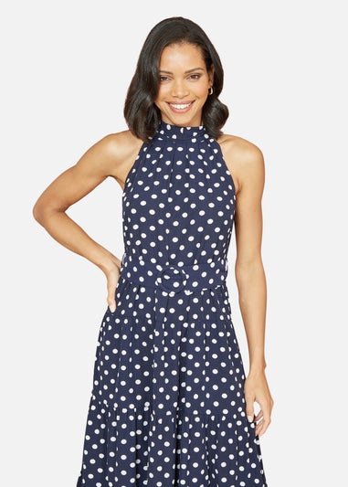 Yumi Navy Spot Print Halter Midi Dress With Matching Belt