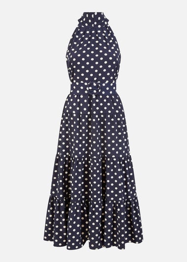 Yumi Navy Spot Print Halter Midi Dress With Matching Belt