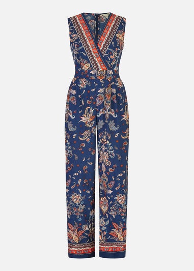 Yumi Navy Paisley Border Print Wrap Jumpsuit