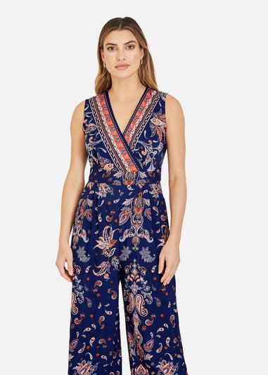 Yumi Navy Paisley Border Print Wrap Jumpsuit