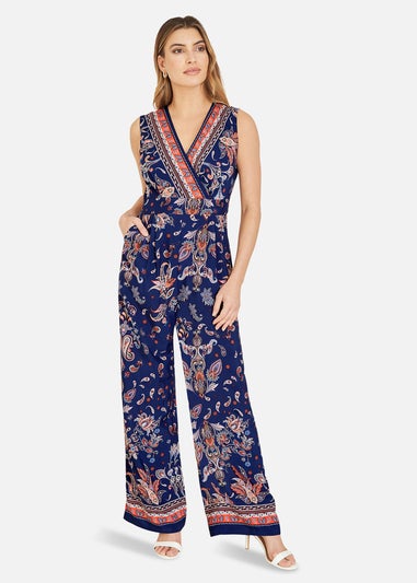 Yumi Navy Paisley Border Print Wrap Jumpsuit