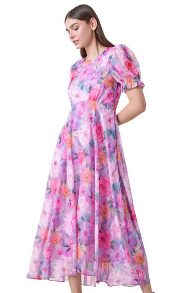 Roman Purple Floral Print Puff Sleeve Chiffon Midi Dress