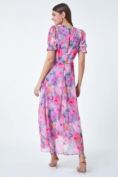 Roman Purple Floral Print Puff Sleeve Chiffon Midi Dress