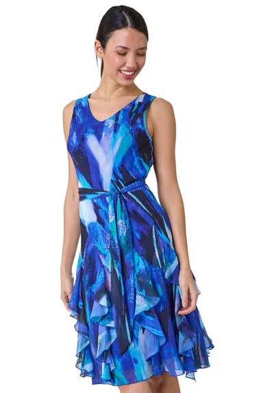 Roman Blue Abstract Print Frill Detail Dress