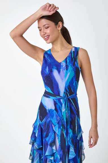 Roman Blue Abstract Print Frill Detail Dress